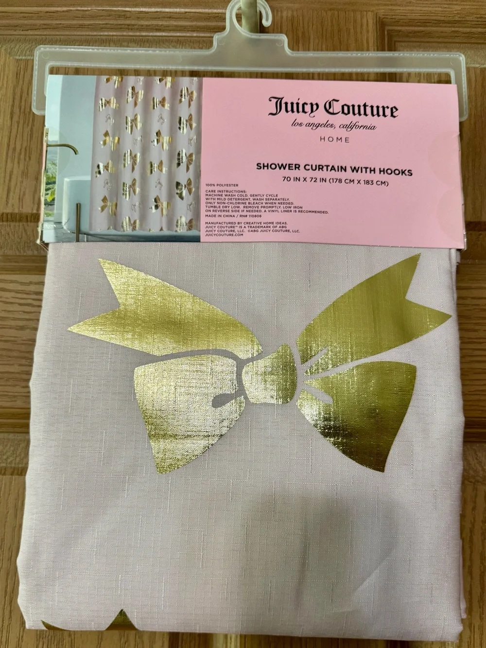 Juicy Couture Gold Bow Shower Curtain with Hooks - 70” x 72” NEW